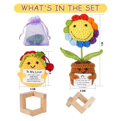 2 Pack Positive Crochet Animals Birthday Gifts for Women Men Includes Motivational Cards and a Wooden Base Cute Small Gift for Son Mom Dad Daughter Sister Friend Coworkers - Thumbnail 2