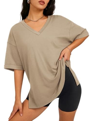 ATHMILE Oversized Tshirts for Women Workout Plus Size Tops V Neck Short Sleeve Side Slit T Shirts 2026 Spring Summer Casual Clothes Khaki - Image 1