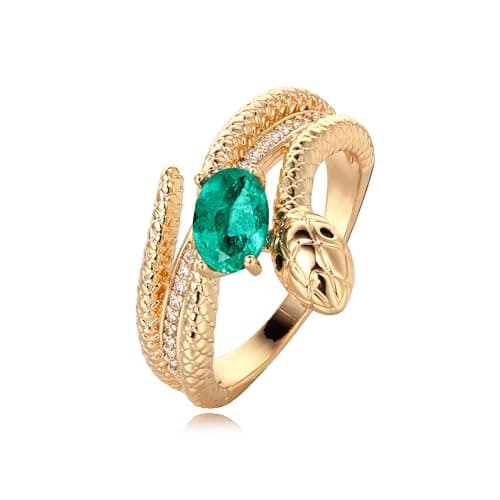 Valloey Rover Emerald Ring-Chunky Gold Rings for Women Non Tarnish 14K Gold Plated Stackable Vintage Snake Green Gemstone Solitaire Rings Statement Wedding Engagement Promise Ring Jewelry Gifts for Women Mom - Image 1