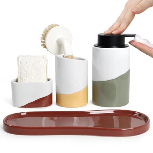 BosilunLife Kitchen Sink Caddy Set – 4-Piece Ceramic Foaming Soap Dispenser 12oz with Sponge & Utensil Holders on Drip Tray for Kitchen & Bathroom Countertop Organization, Foam Pump - Image 1