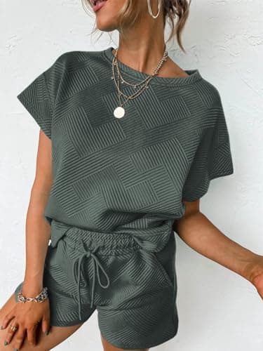 Tankaneo Womens Loungewear Set Short Sleeve Tops and Shorts 2 Piece Outfits Matching Lounge Pajama Set with Pockets Dark Grey - Thumbnail 3