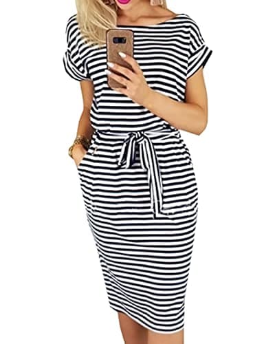 PRETTYGARDEN Women's Summer Short Sleeve Crewneck Striped Dress Basic Solid Tie Waist Office T Shirt Dresses Pockets(Stripe Black,Small) - Image 1
