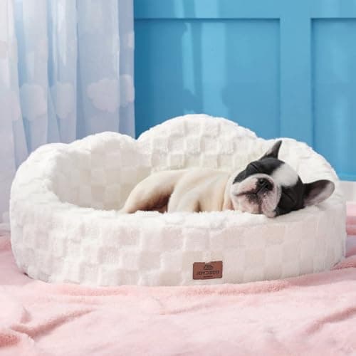 Joydeco Cloud Dog Bed for Small Dogs & Cats, Washable Pet Bed with Orthopedic Foam and Removable Checkered Plush Pad, Non-Slip Bottom for Indoor Puppies and Kittens, 27x24 Inch, White - Image 1