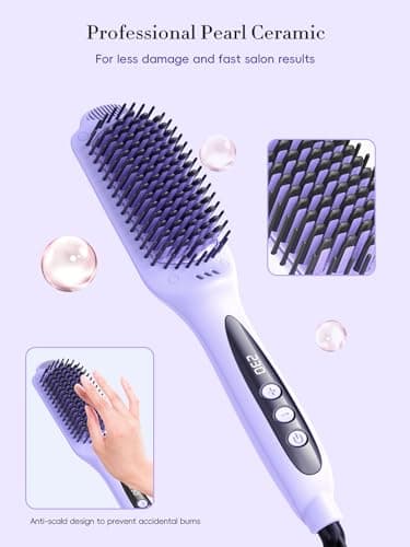 LANDOT Hair Straightener Brush for Damaged Hair - Keratin & Argan Oil Coated Bristles, Ionic Ceramic Straightening Brush to Reduce Frizz & Nourish Hair, Dual Voltage, 12 Temp 250-450F, Purple - Thumbnail 3