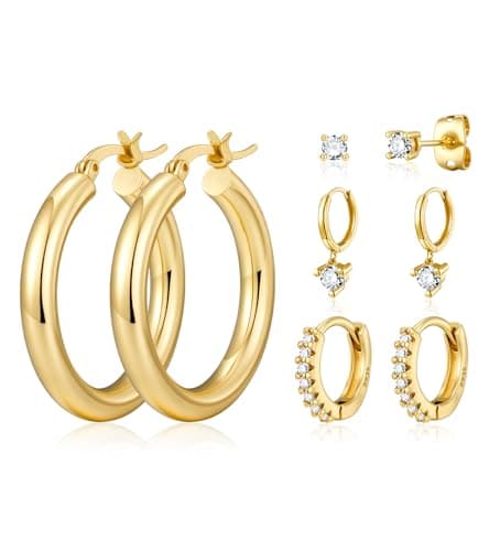 wowshow 4 Pairs Gold Hoop Earrings for Women Chunky Gold Hoops 14K Gold Plated Earring Stack Sets for Multiple Piercing Jewelry Gifts for Mother's Day Birthday - Image 1