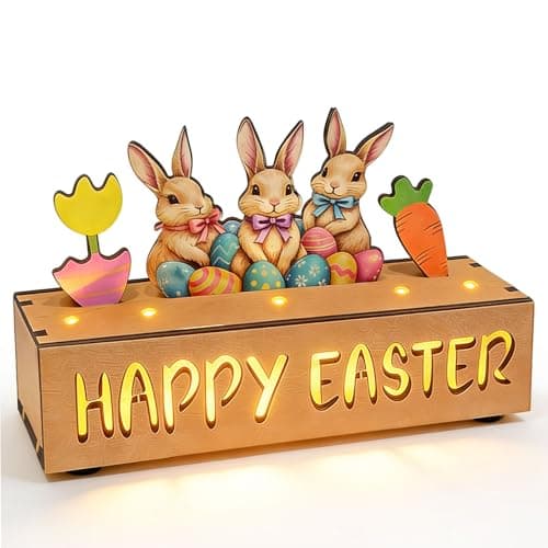 Happy Easter Decorations with LED Lights, Wooden Easter Decor Gifts for Table, Lighted Happy Easter Sign with Bunny, Carrots, Tulip and Easter Eggs, for Spring Mantel, Tiered Tray, Home Desk 8.6 inch - Image 1