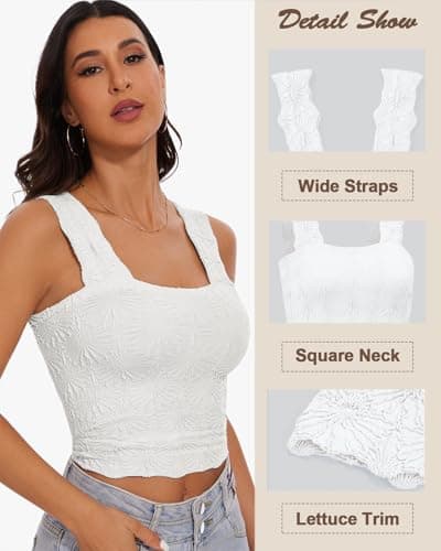 Women's Square Neck Wide Strap Crop Tank Tops Slim Fit Sleeveless Going Out Top Flower Lettuce Trim Cami Tops - Thumbnail 3