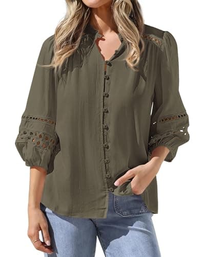 BTFBM 3/4 Length Sleeve Womens Tops Summer Blouses Eyelet Hollow Out Button Down Shirts Business Casual Outfits 2026(Army Green, X-Large) - Image 1