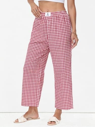 Lallabai 2026 Women Striped Gingham Palazzo Cropped Pants Lounge Boxer Pajama Pants Wide Leg PJ Bottoms Trousers with Pockets - Thumbnail 4