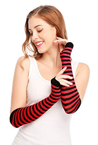 Bienvenu Punk Gothic Rock Long Arm Warmer Fingerless Gloves,Red - Thumbnail 3
