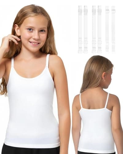 iMuchic Camisole Tank Tops for Girls, Stretch Undershirts Comfortable Camis with Clear Straps and Silicone Cover (US, Alpha, Small, Regular, Regular, White) - Image 1