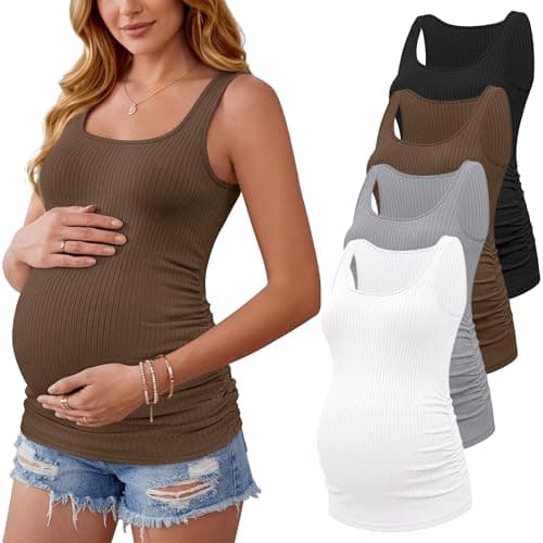 Ekouaer 4 Pack Maternity Tank Tops Ribbed Summer Pregnancy Shirts Ruch Side Tops Casual Square Neck Postpartum Clothes Black/Light Grey/Brown/White 2XL - Image 1