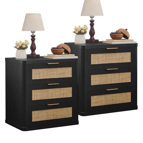 LEYAOYAO Rattan Night Stand with Drawers, 23" Large 3 Drawer Boho Nightstand, Black Bedside Table Storage Cabinet, Bed Side End Tables Dresser for Bedroom, Living Room, Hallway, Closet - Image 1