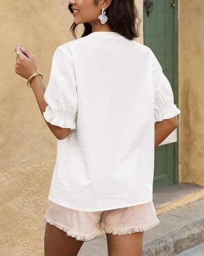 BTFBM Women's 2026 Spring Tops Casual Floral Boho V Neck Puff Short Sleeve Button Down Shirts Embroidered Blouses Tunic(Floral White Black, Large) - Thumbnail 3