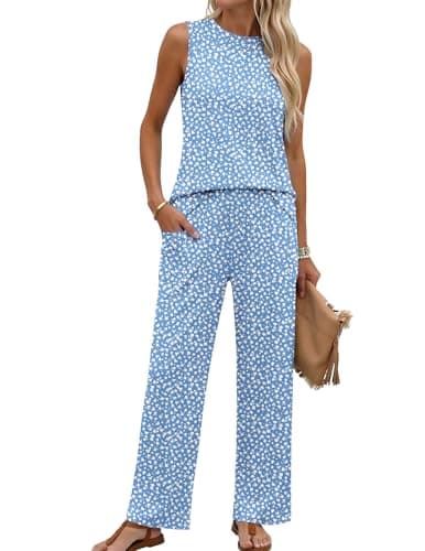 Ekouaer Two Piece Sets for Women Summer Outfits Sleeveless Lounge Sets Tank Tops and Pants Vacation Travel Outfits,XX-Large,Blue floral - Image 1