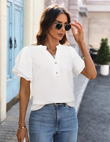 LOOKBOHO Womens Tops Dressy Casual Business Work Blouses Ruffled Short Sleeve Shirts V-Neck Button Placket Tops White S - Thumbnail 3