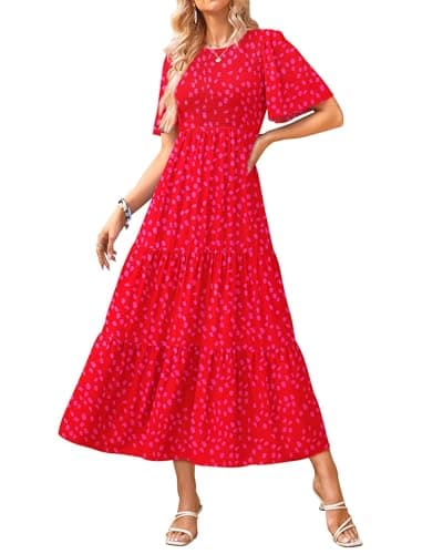 KIRUNDO Dresses for Women 2026 Casual Summer Spring Flutter Short Sleeve Floral Midi Cute Crew Neck Smocked Tiered A Line Flowy Beach Wedding Party Dress(XX-Large, Red) - Image 1