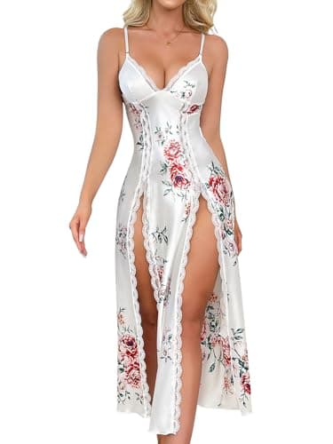 CRIPOM Plus Size Silk Slip Dress Night Gowns for Adult Women Negligee White Lingerie Sexy Dresses for Women White Floral XXL - Image 1