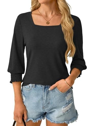 GKBK Womens 3/4 Sleeve Shirts Square Neck Dressy Casual Blouses Spring Summer Smocked Cuffs Tops A- Black - Thumbnail 5
