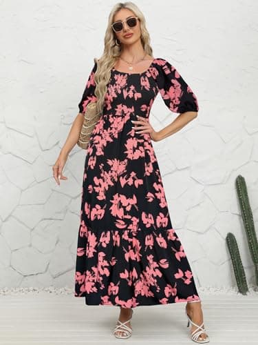 Lyrur Summer Smocked Dresses with Pockets Puff Sleeve Square Neck Smocked Tiered Ruffle A-Line Flowy Maxi Sundress(M,7017-Black Pink Floral) - Thumbnail 2