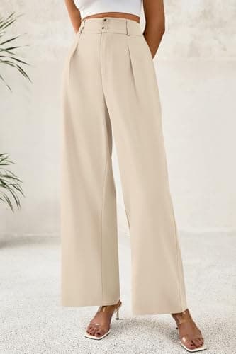 CFLONGE Women Wide Leg Dress Pants High Waist Work Trousers Button Pleated Slacks Palazzo Pants Business Casual Outfits(Beige,XX-Large) - Thumbnail 2