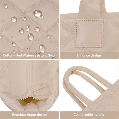 soewten Puffer Tote Bag for Women, Quilted Bag with Zipper, Small Tote HandBags for Work, Travel, Greyish Brown - Thumbnail 6