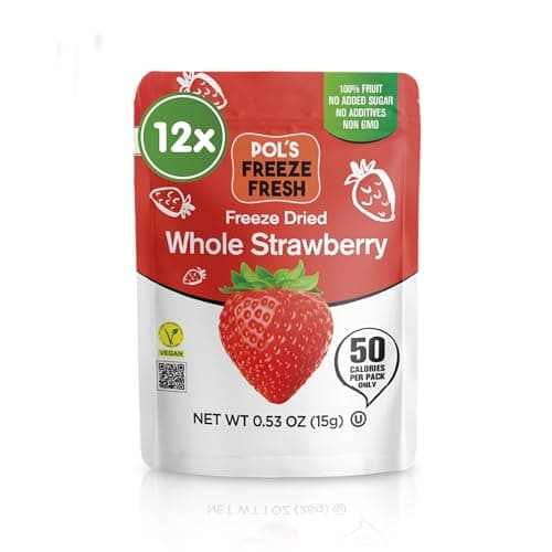 Pol's Fresh Freeze Dried Strawberries Whole, Single Ingredient, No Sugar Added, 12 Pack (0.53 oz Each) - Crispy Crunchy Healthy Fruit Snacks for Cereal, Yogurt & Smoothies, Gluten Free, Vegan, Kosher - Image 1
