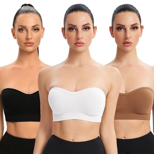 Gnowann Strapless Bras for Women Non-Slip Silicone Bandeau Bralette Seamless Wireless Strapless Bra Padded Tube Top Black+White+Coffe L - Image 1