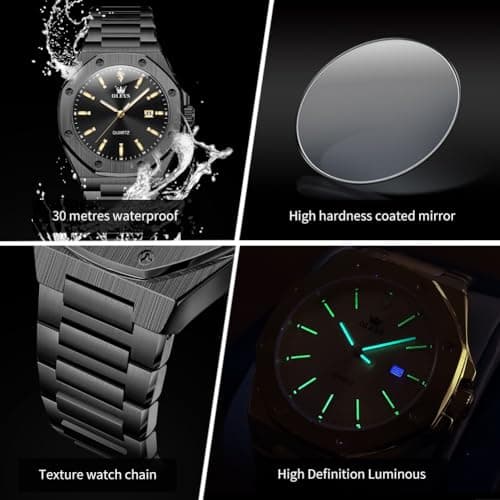 OLEVS Watch Men Luxury All Black Stainless Steel Dress Waterproof Quartz Analog Minimalist Watches for Men Large Face Luminous Date Metal Wrist Octagonal Calendar Mens Watch Relojes para Hombres - Thumbnail 6