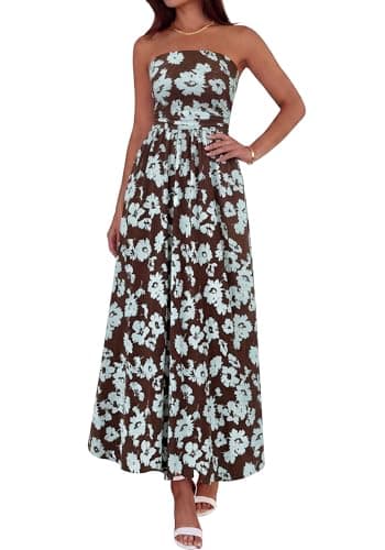 BTFBM Summer Maxi Dresses for Women 2026 Strapless Tube Top Floral Spring Wedding Guest Dress Beach Vacation Outfits(Coffee Blue Flower, XX-Large) - Image 1