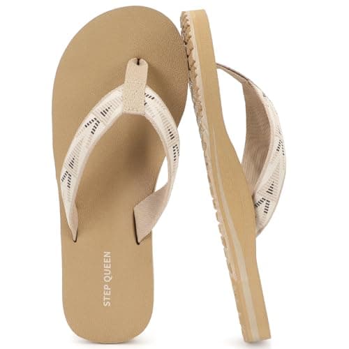 STEP QUEEN Women's Arch Support Flip Flops 2026 Summer Comfortable Rubber Water Shoes for Beach Shower Non-Slip Thong Sandals with Cushioned Footbed for Wide Feet Beige Size 10 - Image 1