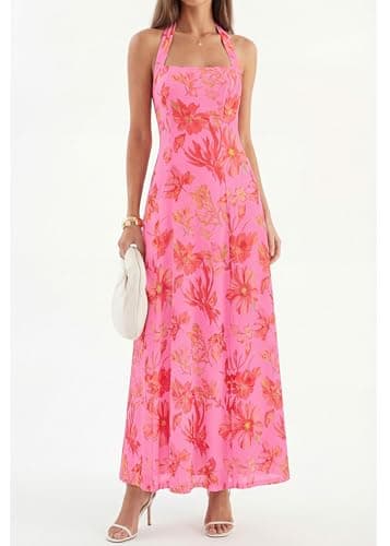 KIRUNDO Women's Summer Sleeveless Halter Floral Maxi Dress 2026 Beach Wedding Guest Cocktail Mesh Flowy A Line Long Sundress(Pink, Medium) - Thumbnail 2