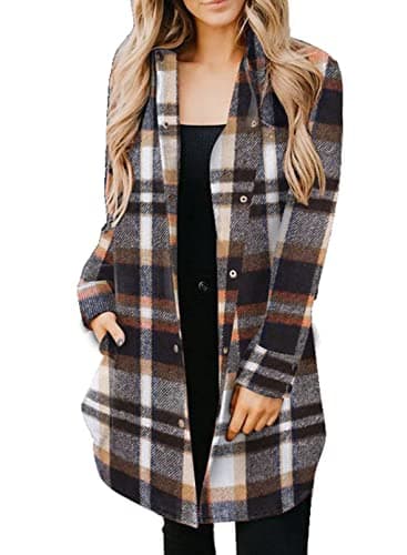 EVALESS Color Block Plaid Shacket Jacket Womens Fall Clothes Fashion 2025 V Neck Outfits Long Sleeve Jackets for Women Button Down Flannel Shirts Loose Cardigans Coats With Pockets Blue X-Large - Image 1