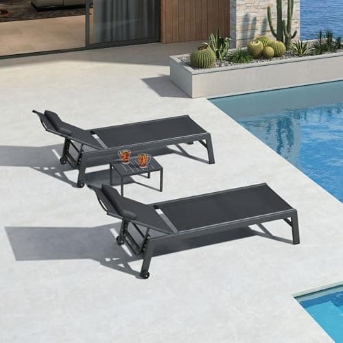 PURPLE LEAF Outdoor Lounge Chair Set of 3 Patio Chaise Pool Lounger Aluminum Frame with Side Table and Wheels for Outside Sunbathing Tanning Recliner Including Pillows Gray - Image 1