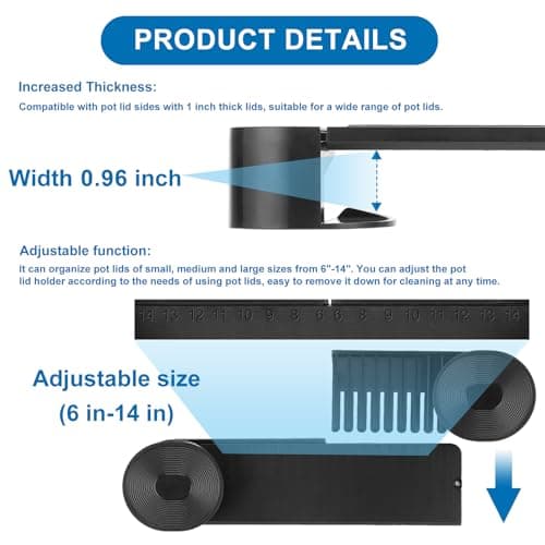 YONGAIJIA New Upgrade 4 Pack Adjustable Pot Lid Holder, Lid Organizer Fits 6" to 14" Lids, with Screw Hole Position and Sticky Wall Mounted Lid Storage Kitchen Cabinets, Cabinet Doors (Black) - Thumbnail 4