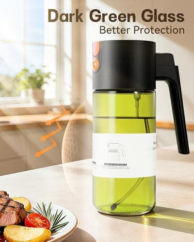 OURCABECUE Upgrade 2 in 1 Oil Sprayer for Cooking, 17oz Light-Blocking Glass Olive Oil Dispenser Bottle for Kitchen, Food-Grade Oil Mister with 8 Stickers for Salad, Frying (Green Bottle-Black Gap) - Thumbnail 5