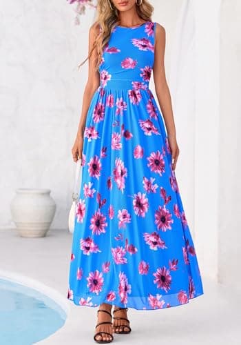 BTFBM Summer Dresses for Women 2026 Floral Maxi Dress Sleeveless Mesh Flowy Long Sundress Beach Vacation Clothes Pockets(Blue Red Flower, XX-Large) - Thumbnail 4
