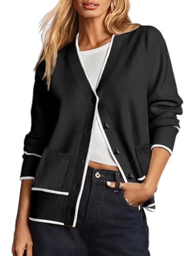 Dokotoo Short Cardigans for Ladies 2024 Open Front Long Sleeve Lightweight Color Blocked Fall Fashion 2024 Knit Sweater Coats with Pockets,Black X-Large - Image 1