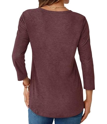 GKBK Womens Tops 3/4 Sleeve Shirts Round Neck Casual Blouses Basic Loose Fit Pullover Tshirts Wine Red XL - Thumbnail 4
