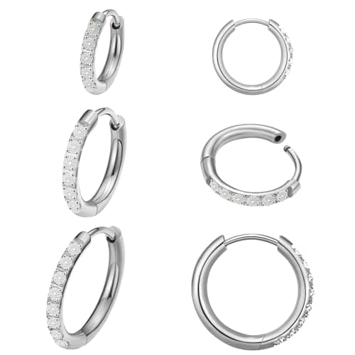 Dainty Moissanite Huggies: 3-Pair Hypoallergenic Earring Set in 14K Gold Plated G23 Titanium for Sensitive Ears, Tiny Cartilage & Wedding Hoops for Everyday Luxury (Silver 8/10/12mm) - Image 1