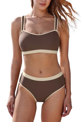 MOOSLOVER Women Bandeau High Waisted Bikini Sets Cheeky High Cut Swimsuit 2 Piece Bathing Suits (S,Cocoa) - Image 1