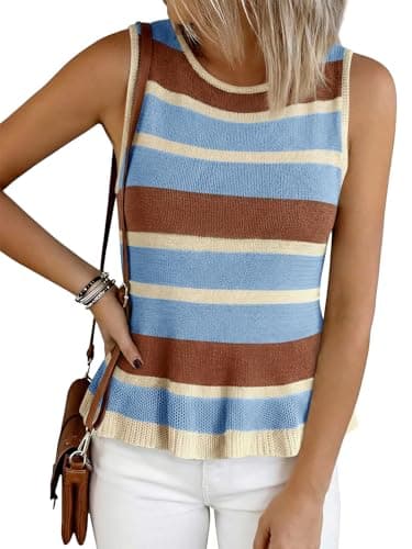 Cicy Bell Womens Striped Sweater Vest Summer Casual Sleeveless Ruffle Knit Tank Tops Crew Neck Lightweight Shirts Sky Blue - Image 1