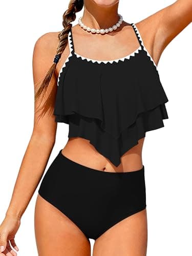 AMAWMW Girls Swimsuit 2 Piece Bikini Set Tiered Ruffled Bathing Suit Two Piece Teen Swimwear with Chest Pad Black 15-16Y - Image 1