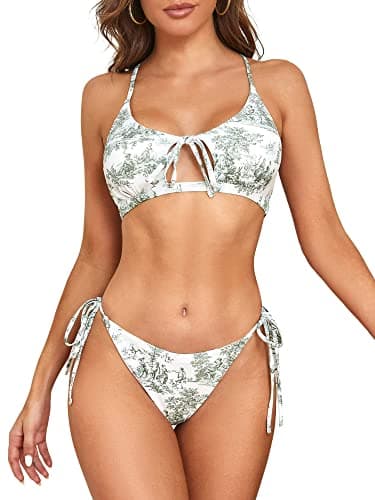 ZAFUL Women's Toile String Bikini Set Cut Out Lace Up Two Piece Swimsuit High Cut Tie Side Bathing Suit Light Green XL - Image 1