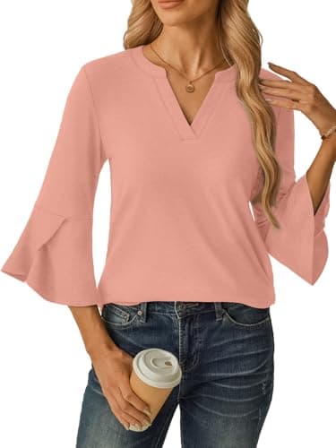 GKBK Women's Blouses Ruffle 3/4 Sleeve Dressy Top V Neck Casual Tunic Blouses Business Shirts Pink L - Thumbnail 3