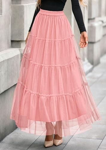 PRETTYGARDEN Tulle Skirts for Women 2026 Spring Fashion Elastic High Waisted Tiered Flowy Fairy A-Line Casual Maxi Long Skirt (Light Pink,Medium) - Thumbnail 4