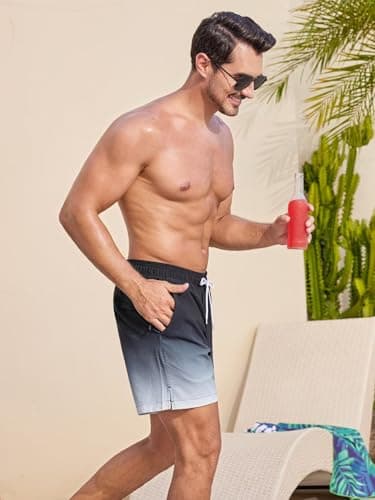 SILKWORLD Men's Swim Trunks Quick Dry Beach Shorts with Compression Liner and Zipper Pockets, Gradient-Black, XX-Large - Thumbnail 4