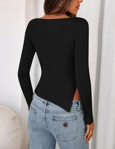 MEROKEETY Women's Fall Long Sleeve Sweater Tops 2025 Boat Neck Ribbed Asymmetric Lightweight Knit Shirts, Black, X-Large - Thumbnail 3