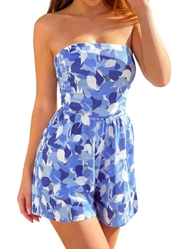 BTFBM Romper For Women 2026 Spring Strapless Printed Tube Boho Wide Leg Beach Short Jumpsuit Summer Date Night Rompers(Floral Blue, Small) - Image 1