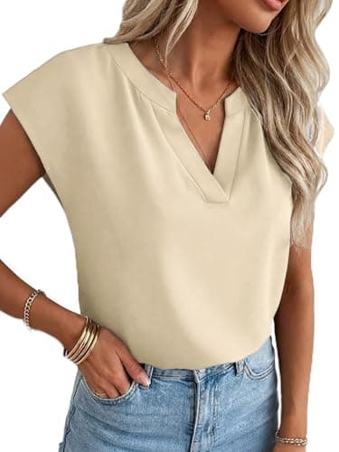 Funlingo Summer Blouses for Women 2026 Dressy Casual Cap Sleeve Tunic Tops V Neck Business Work Shirt Office Clothing Beige M - Image 1